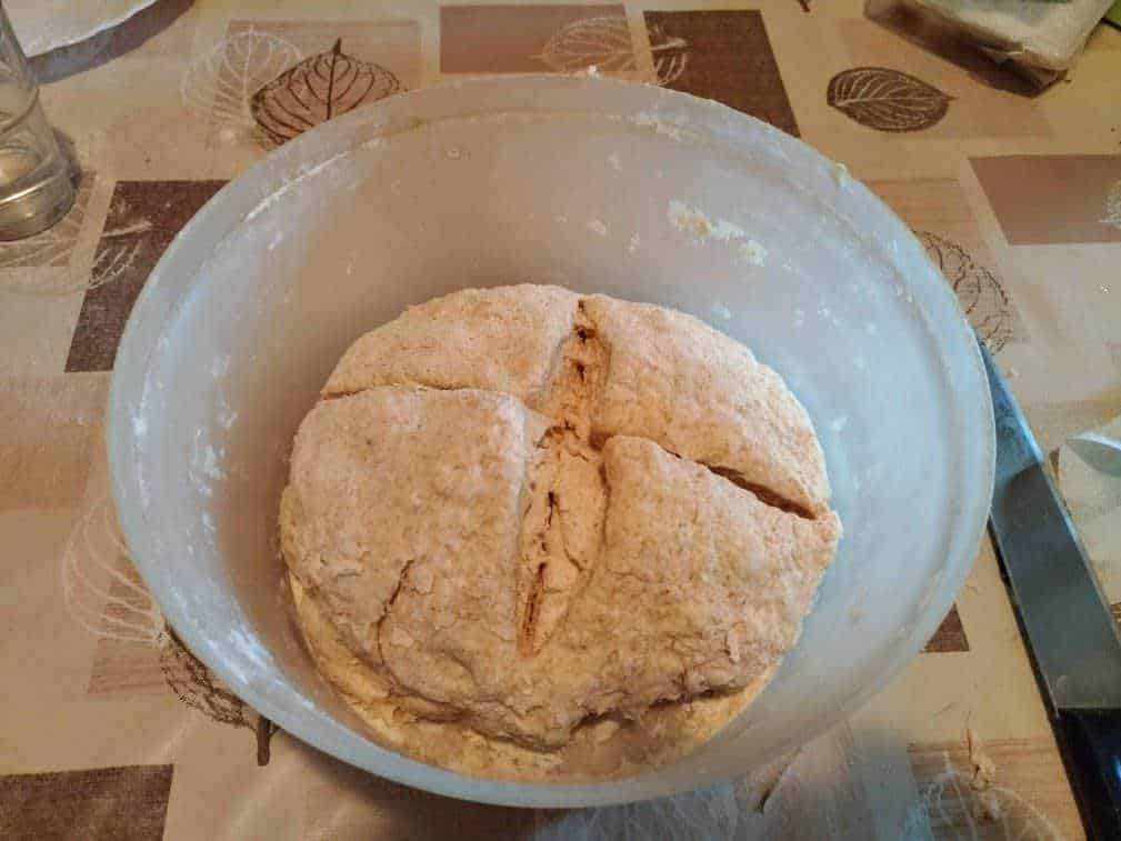 Pane fatto in casa con crosta dorata e morbida, pronta per essere cotta o farcita, ideale per ricette di pane tradizionale italiano o focacce. Perfetto per chi ama pane artigianale e genuino.