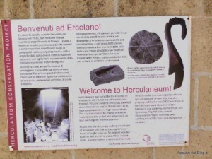 Testo alternativo: Pannello informativo su Herculaneum, con immagini di un loto di pietra e di un'auto antica, descrizione storica e attività di visita per turisti e appassionati di archeologia.