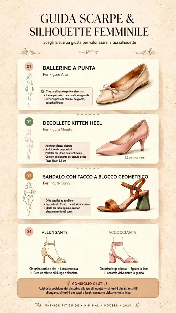 Infografica con guida ai modelli di scarpe adatte al tuo corpo per donne alte, minute e curvy
