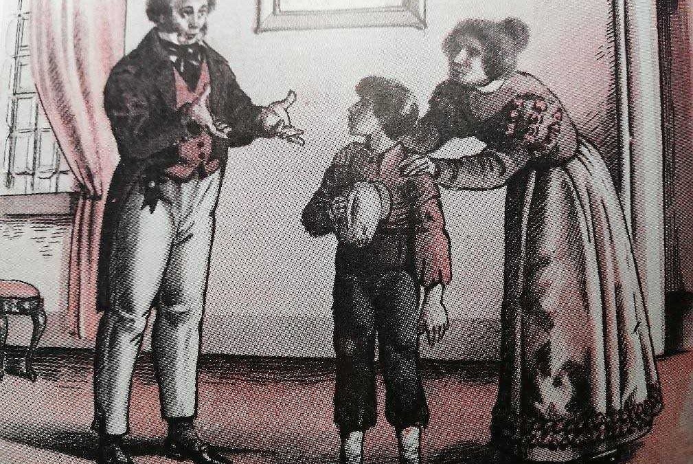 L'uomo e la donna che interagiscono con il ragazzo in un ambiente domestico, in stile vintage, con dettagli come parapetti e tende, rappresentano scene di vita quotidiana del passato.