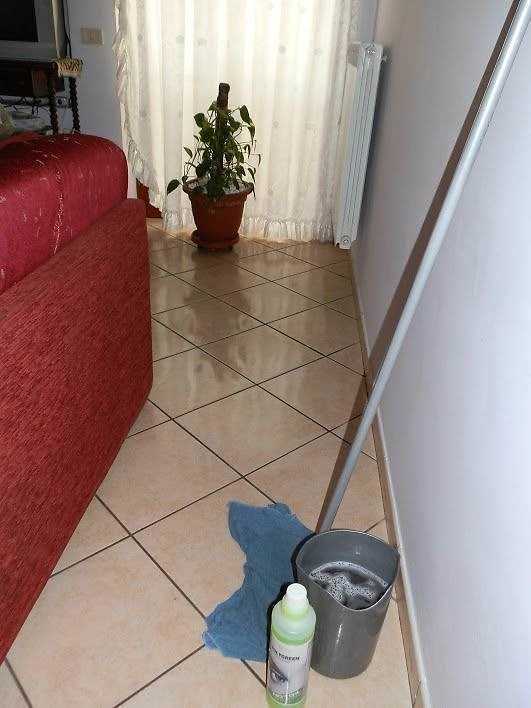 No-Tox Life detergenti atossici per risolvere il problema pulizia 3 Pulizia di un pavimento in ceramica con secchio e mop in un soggiorno con divano rosso e pianta in vaso.
