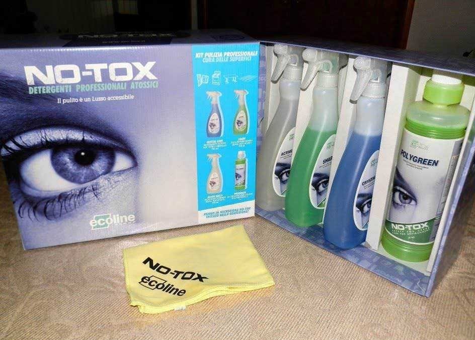 No-tox kit per pulizia professionale e detergenti ecologici, con spray e prodotti in confezione, ottimo per superfici e ambiente, garantendo igiene e sostenibilità.