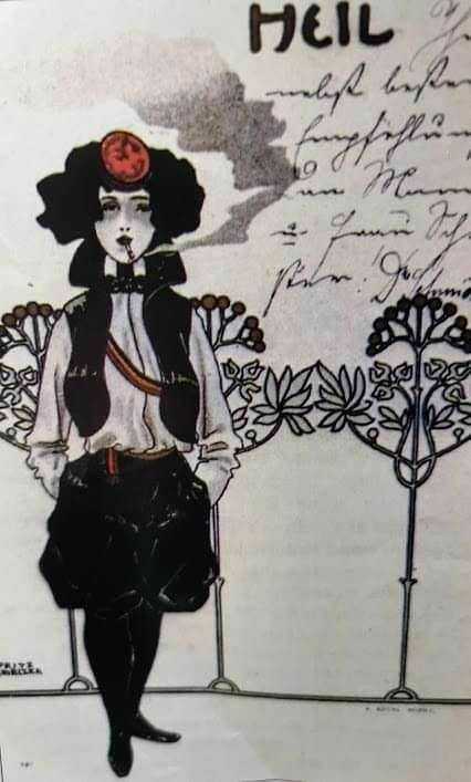 Una donna in stile vintage con cappello rosso, camicia bianca e pantaloni neri, circondata da disegni floreali e scritte a mano, in un'illustrazione artistica e suggestiva.