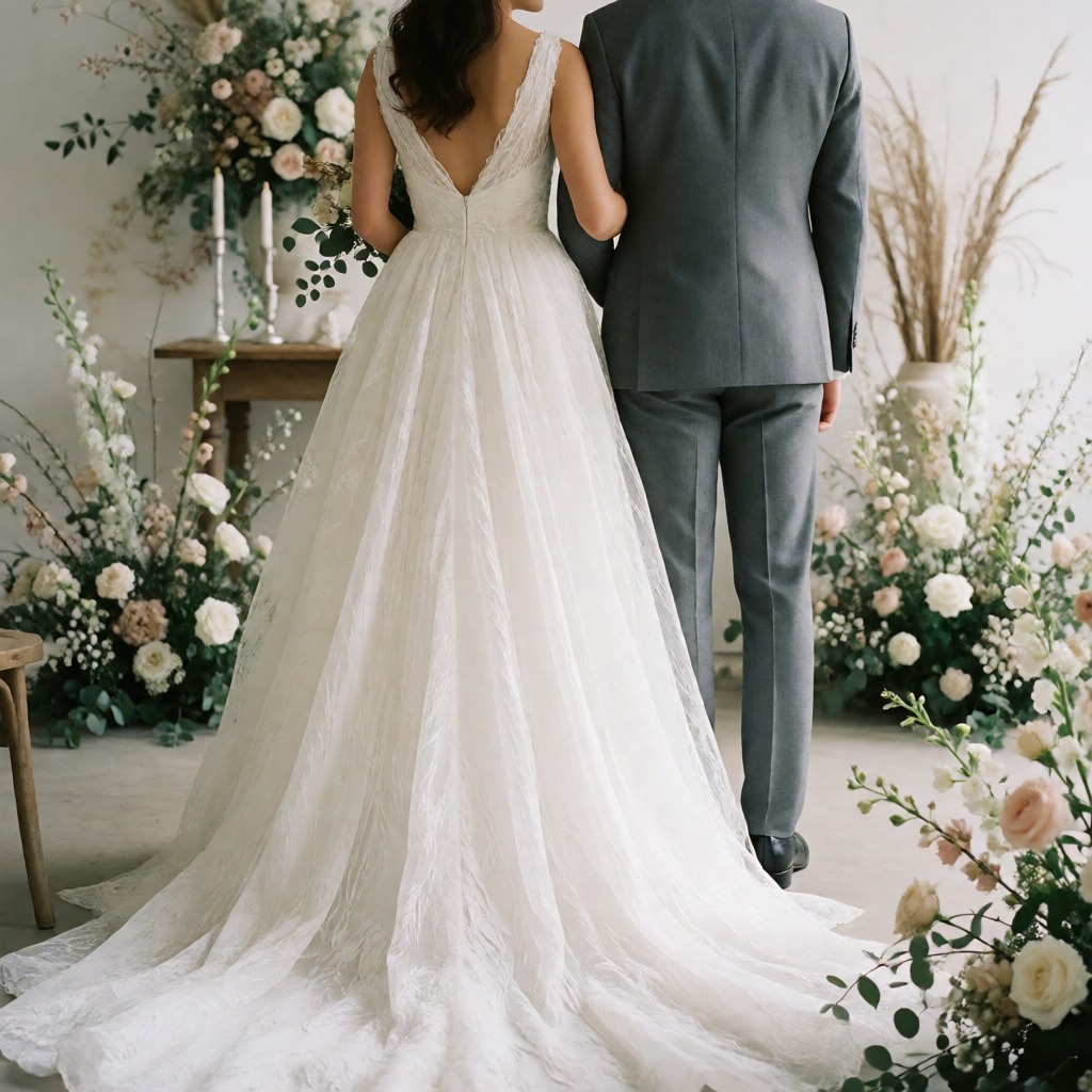 Sposa e testimone durante il matrimonio con fiori bianchi e abiti eleganti, momenti emozionanti di un matrimonio romantico e raffinato.