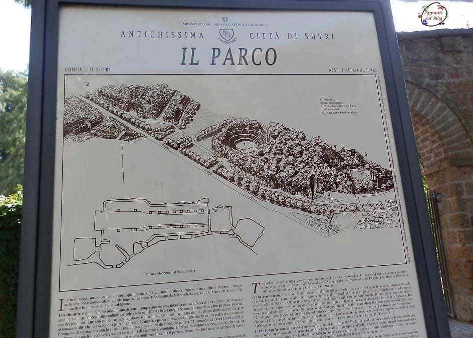 Parco archeologico di Sutri, dettaglio della mappa storica e planimetria del sito con aree principali e ambientazioni antiche, ideale per appassionati di storia e turismo culturale in Lazio.