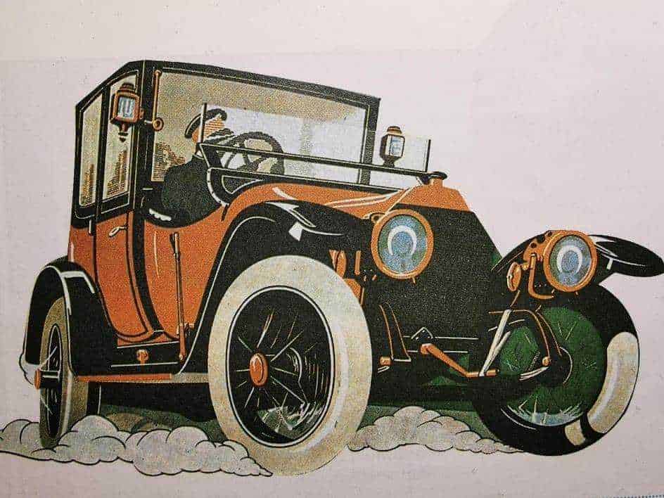 Vintage automobile front view illustration, art deco style, retro car drawing, classic vehicle design, detailed vintage car artwork.