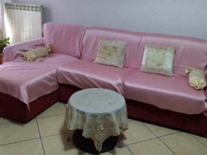 Confortevole divano rosa con cuscini decorativi e copridivano, arredamento da soggiorno elegante e accogliente, ideale per ambienti domestici arredati in stile classico.