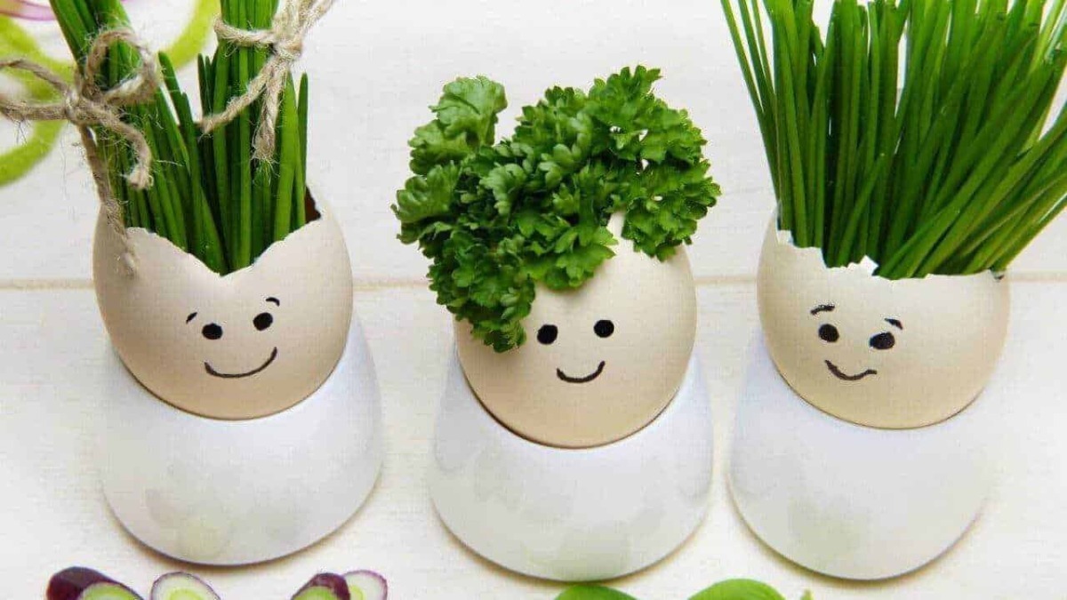 Tovagliette di ceramica con otomila e germogli di erbe aromatiche in vasetti decorati con faccine sorridenti, ideali per decorare la cucina o la tavola con stile e allegria.