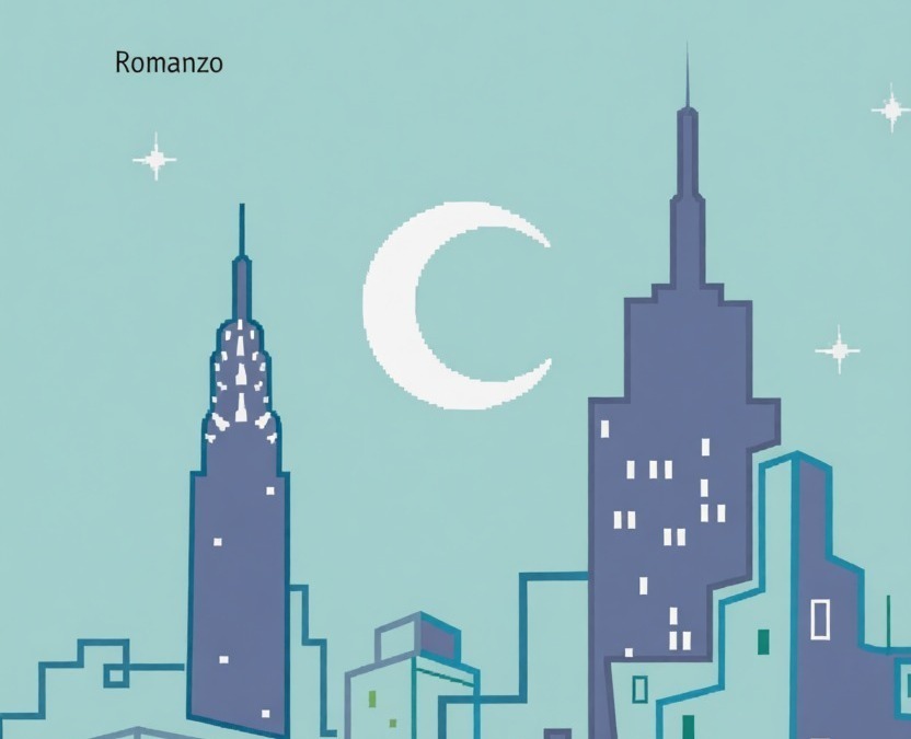 Elegante immagine di una skyline urbana notturna con la Torre Einstein e il grattacielo Empire State, sotto un cielo stellato e luna crescente.