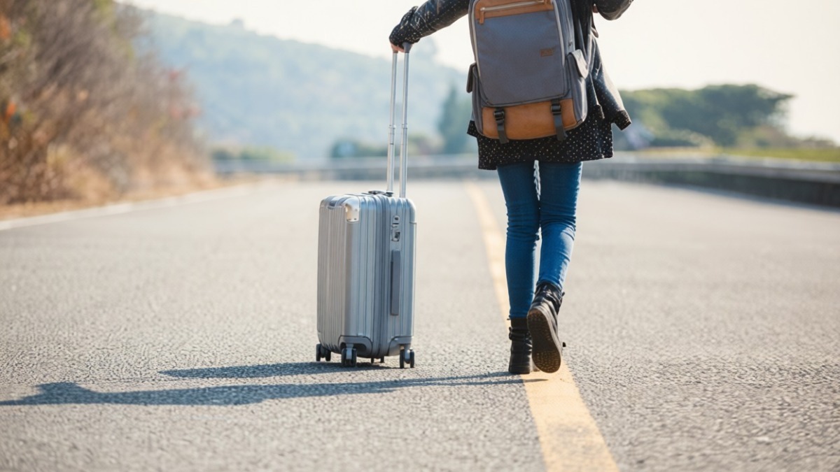 Valigia trolley e zaino da viaggio su strada aperta in campagna, concetto di viaggio avventura, trasporto leggero, vacanze all'aperto, preparativi per viaggio, escursione estiva, itinerario turistico.