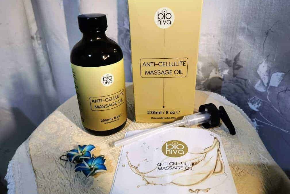 Bioniva anticellulite: BioNiva olio massaggi anticellulite naturale, bottiglia da 236ml con confezione, ideale per trattamento cellulite, con applicatore in siringa, integrato con foglio esplicativo e decorazioni floreali.