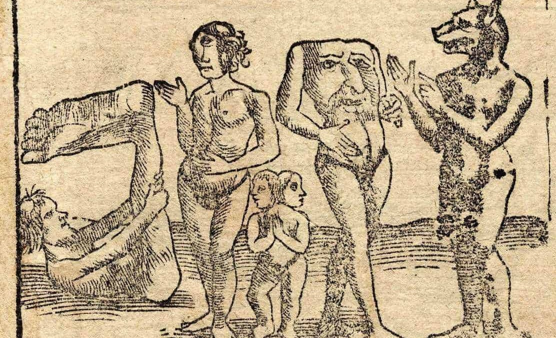 Scena allegorica medievale con figure umane e teste di animali
