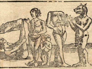Scena allegorica medievale con figure umane e teste di animali