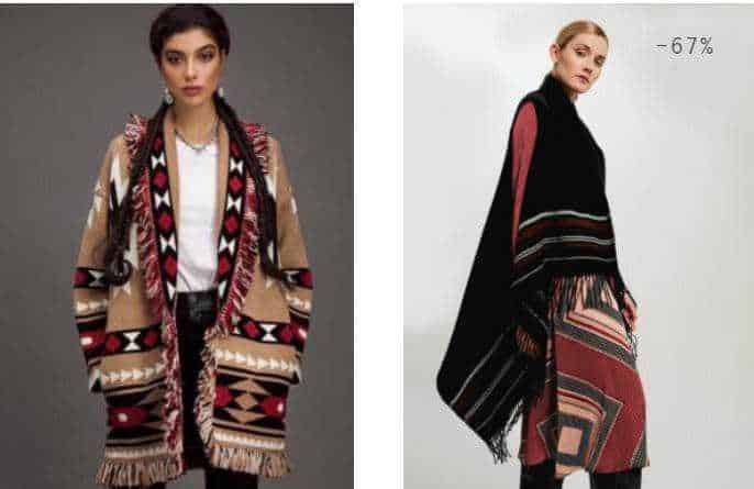 Femminile modello in abbigliamento etnico con poncho colorato e accessori alla moda, completa un outfit chic.