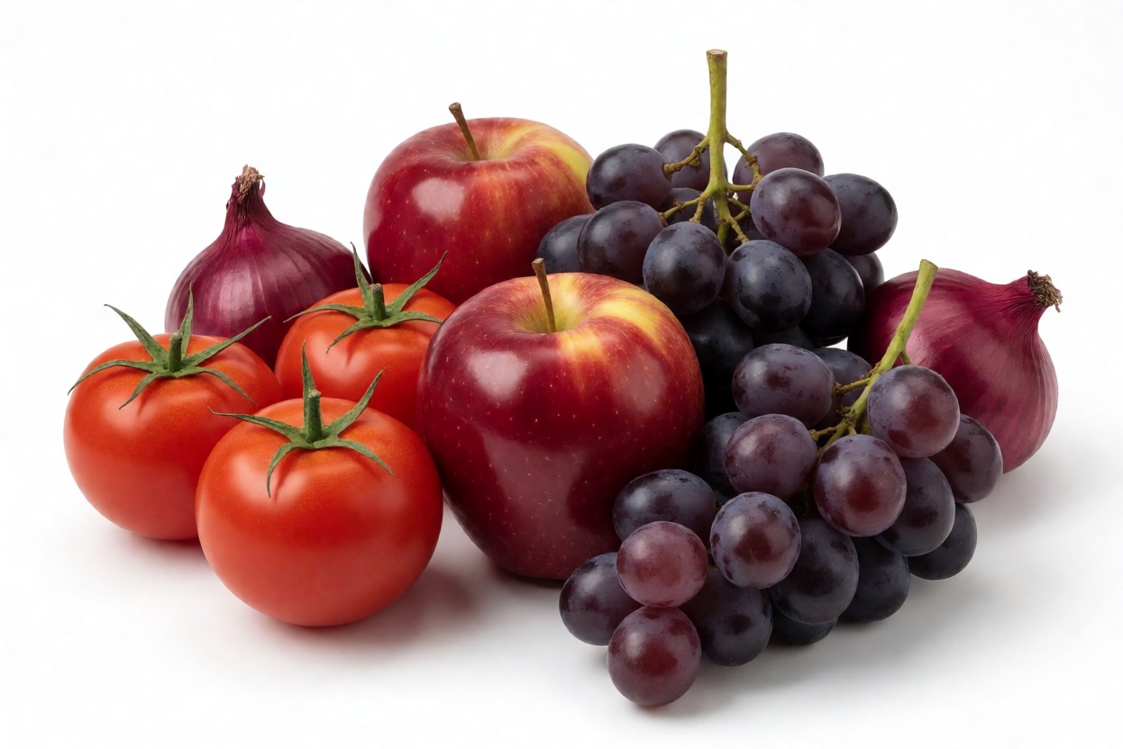 Pomodori, mele e frutti di colore rosso, uva e cipolle su sfondo bianco, rappresentano prodotti freschi e naturali, ideale per blog sulla cucina, alimentazione sana e ricette salutari.