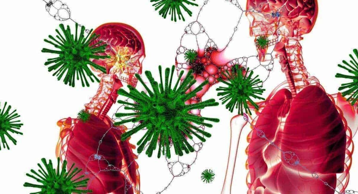 Microbiologia virus e sistema immunitario, rappresentazione digitale di virus e cellule umane, concept di salute e prevenzione infettivi, immagine educativa e scientifica.
