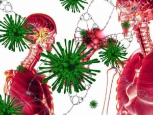 Microbiologia virus e sistema immunitario, rappresentazione digitale di virus e cellule umane, concept di salute e prevenzione infettivi, immagine educativa e scientifica.