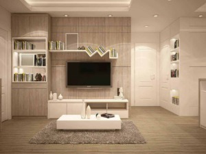 Design moderno di soggiorno con pareti chiare, scaffali con libri e TV, arredamento minimale, tappeto morbido e decorazioni eleganti, ambiente accogliente e raffinato.