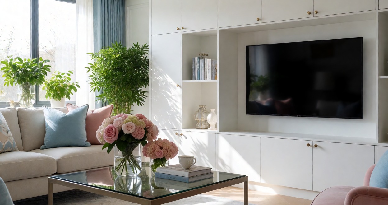 Elegante soggiorno moderno con parete attrezzata bianca, divano beige, tavolino centrale e decorazioni floreali per un design d'interni accogliente e sofisticato.