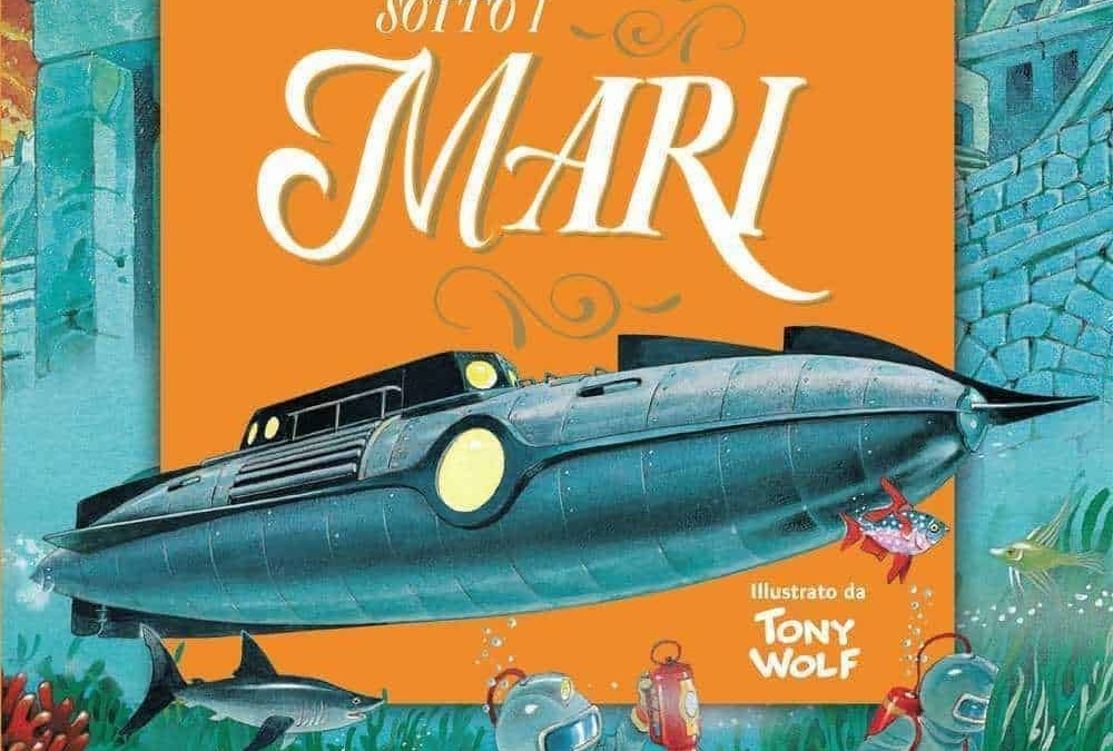 - Aereo sottomarino futuristico immerso nel mare con esploratori subacquei in tute da immersione e pesci vari, illustrazione di un romanzo di Jules Verne.