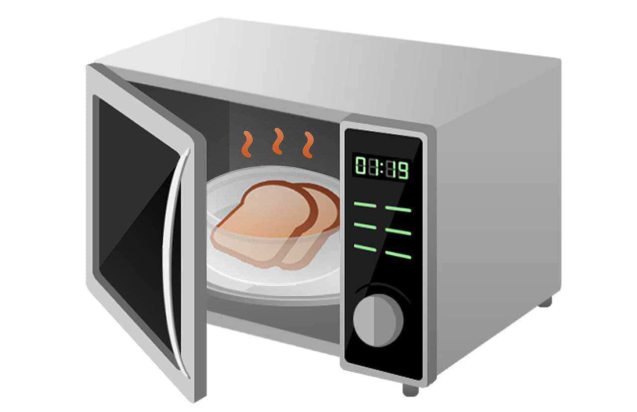 Forno a microonde con carne in cottura, immagine illustrativa di elettrodomestico da cucina per riscaldare e cucinare alimenti, dettaglio di funzioni di cottura e timer digitale.