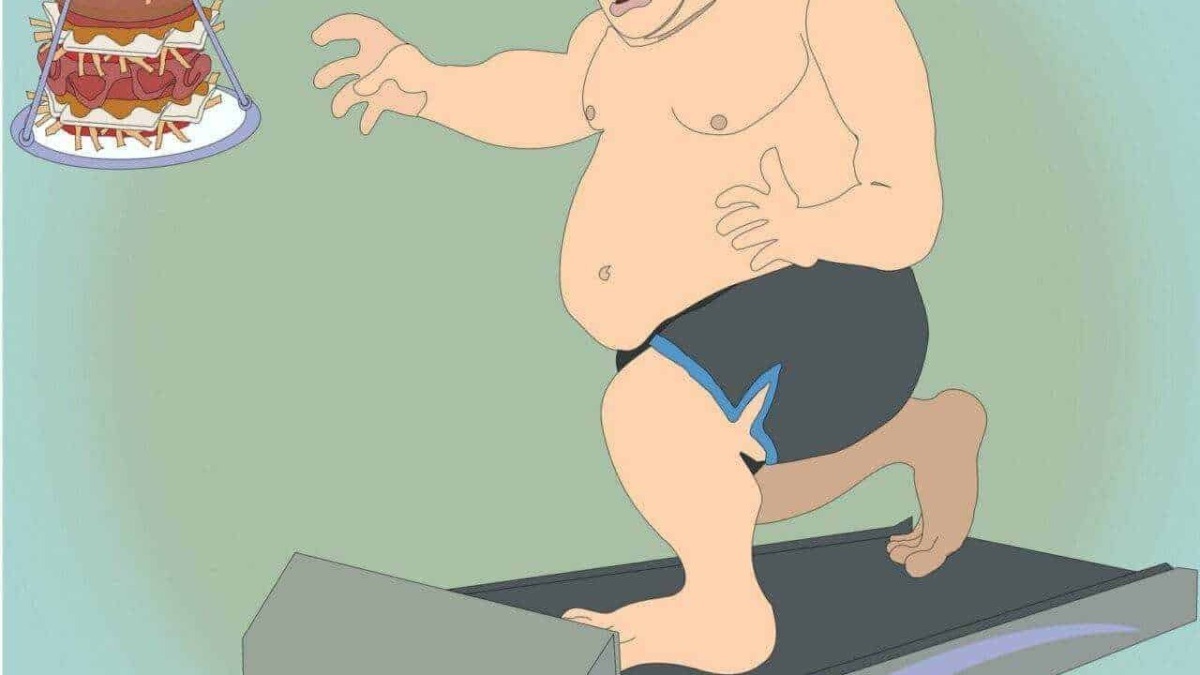 Un uomo sovrappeso corre sul tapis roulant con una testa a forma di hamburger, rappresentando un'idea umoristica di equilibrio tra cibo spazzatura e attività fisica.