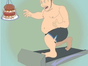Un uomo sovrappeso corre sul tapis roulant con una testa a forma di hamburger, rappresentando un'idea umoristica di equilibrio tra cibo spazzatura e attività fisica.