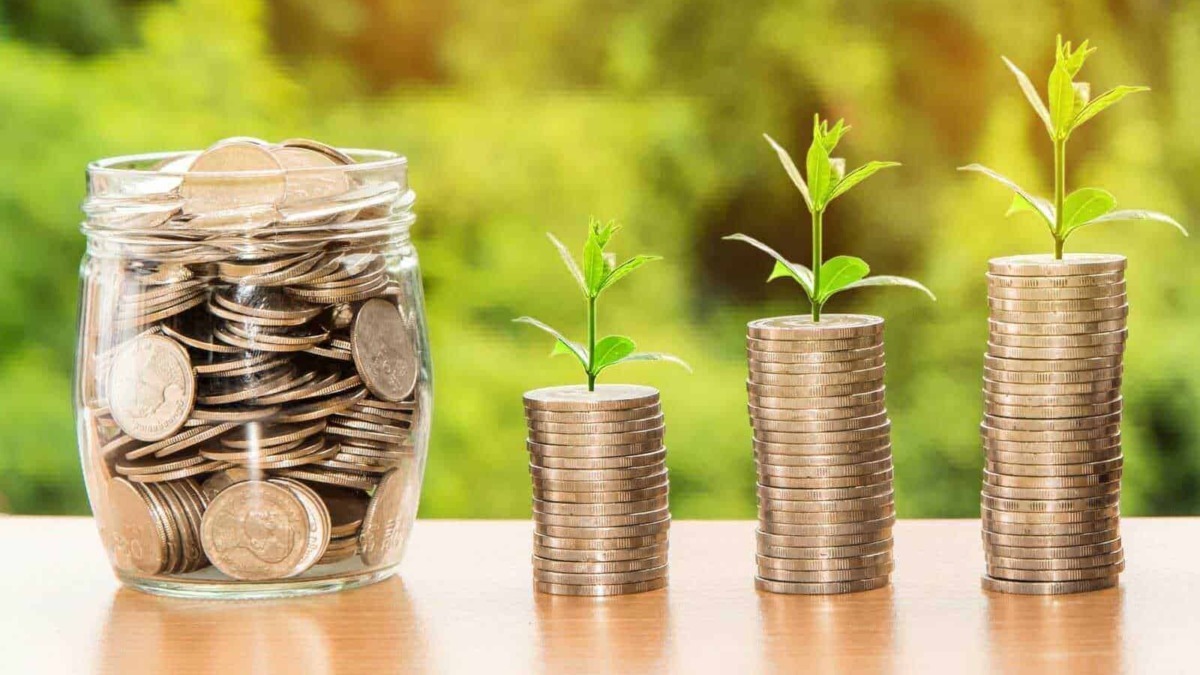 Fondo: Monete di euro impilate con piante che crescono da ognuna, simbolo di crescita finanziaria e investimenti. Ricchezza, risparmio e crescita economica rappresentati visivamente.
