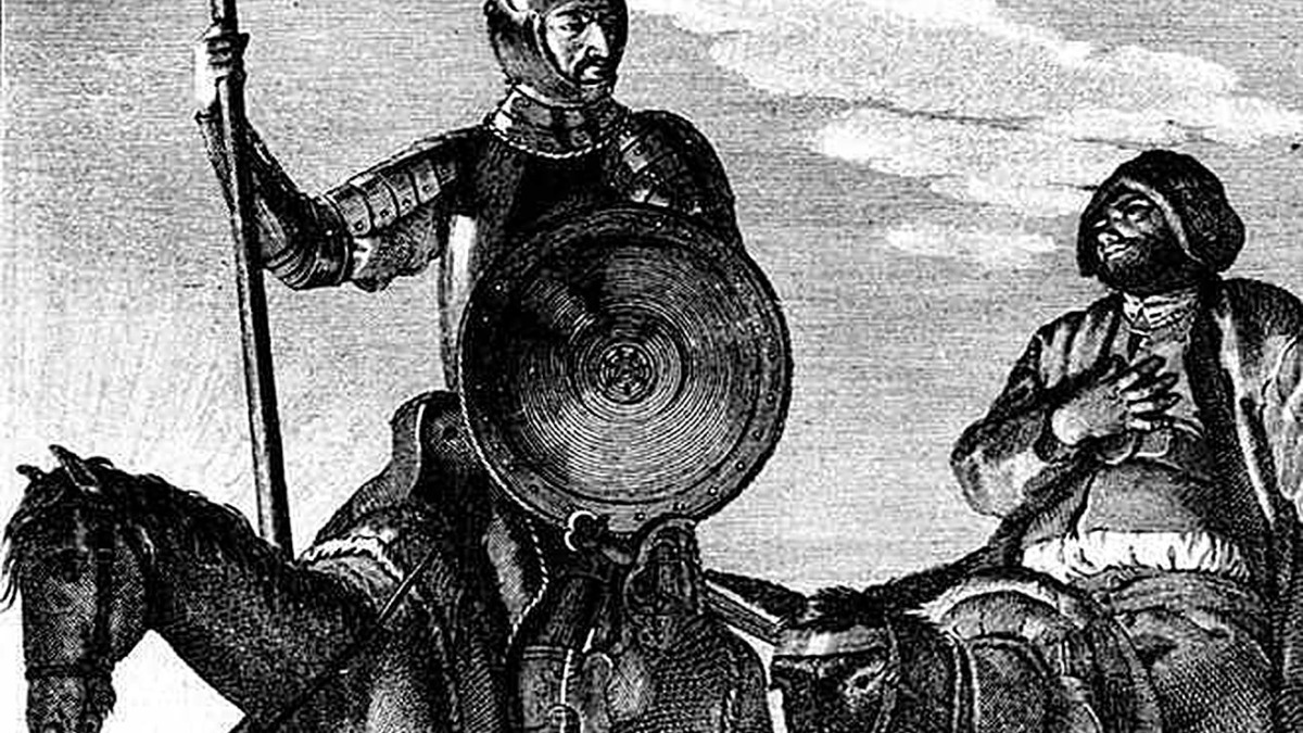 Soldato medievale a cavallo con scudo e lancia, raffigurazione storica di epoca antica in stile incisione.