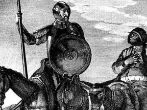 Soldato medievale a cavallo con scudo e lancia, raffigurazione storica di epoca antica in stile incisione.
