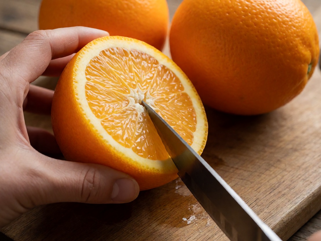 Fetta di arancia fresca mentre si taglia con un coltello su una superficie con il volto e le mani di una persona, ideale come immagine per articoli su cibo, cucina e alimentazione sana.