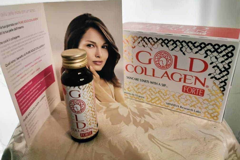 Integratore di collagene Gold Collagen Forte con confezione e bottiglia, promozione di prodotti per la cura della pelle, testimonianza di biorganico e bellezza.