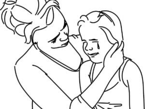 Solitudine e conforto tra due amiche, immagine di supporto emotivo e amicizia, disegno in stile line art, rappresenta un momento di empatia e affetto tra due donne.