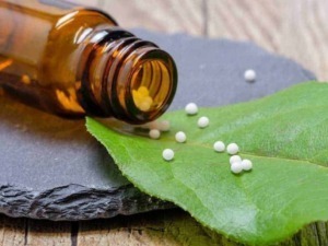 Colla di erbe medicinali con piccole palline bianche e bottiglia di tintura madre in vetro ambrato su foglia verde e superficie in pietra.