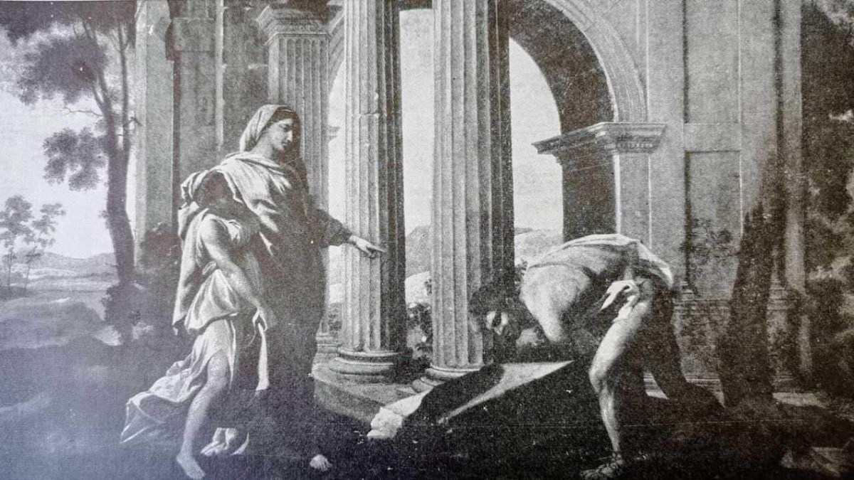 Antica scena storica con figure in abiti tradizionali in un'architettura classica, probabilmente un dipinto o un'illustrazione artistica di un periodo storico.