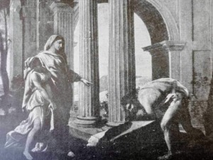 Antica scena storica con figure in abiti tradizionali in un'architettura classica, probabilmente un dipinto o un'illustrazione artistica di un periodo storico.