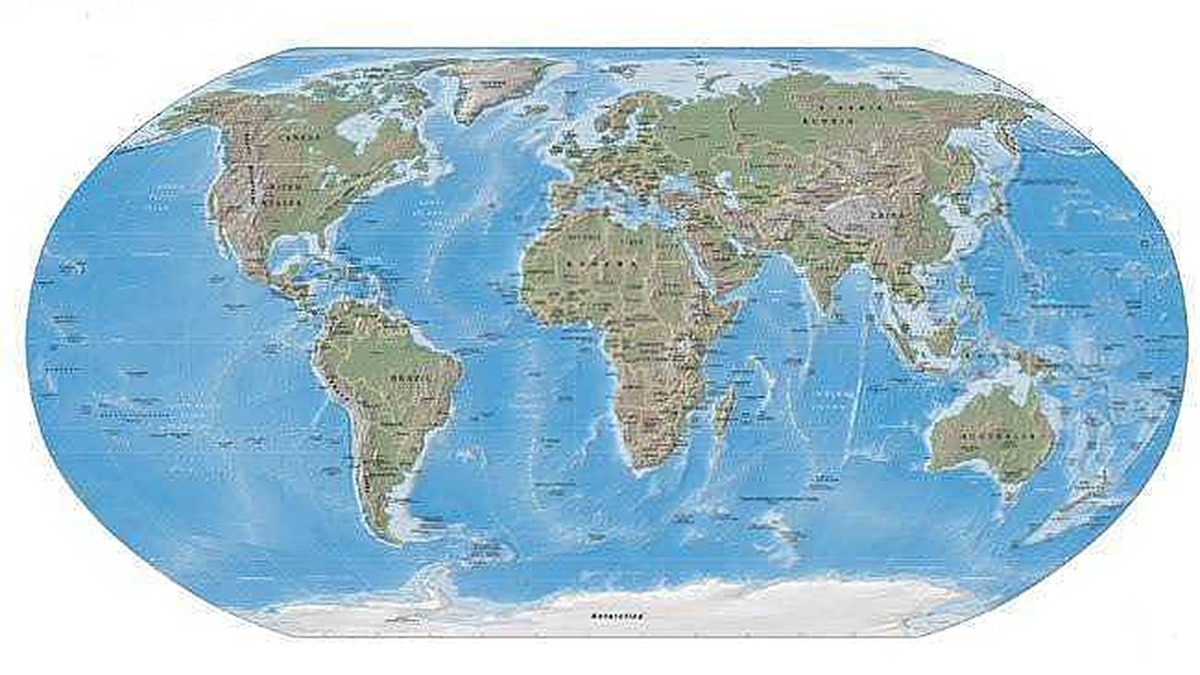 Mappa del mondo con continenti e oceani, rappresentazione geografica dell'intero pianeta Terra.