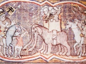 Antico artwork medievale con cavalieri, re e draghi, rappresentazione storica di battaglie e leggende medievali, dettagli artistici su tela antica dal blog Appunti Sul Blog.