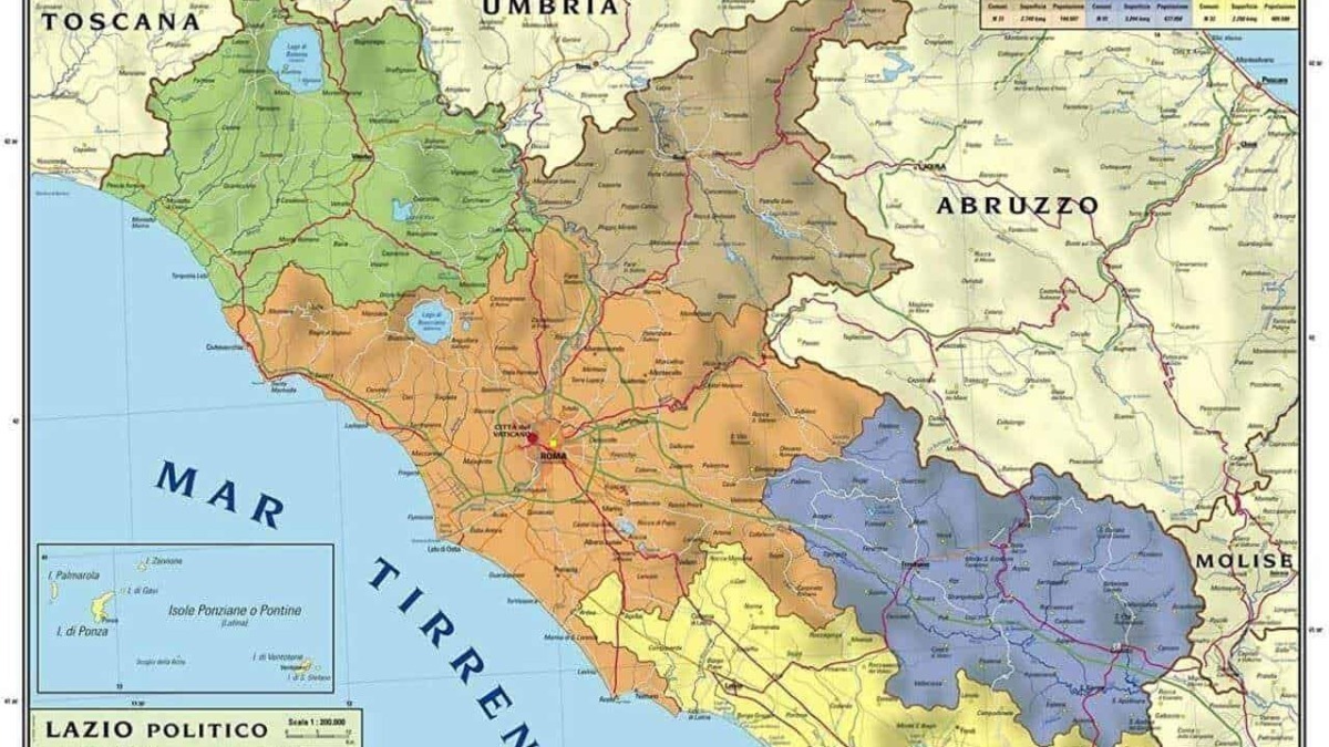 Lazio politica mappa dettagliata con divisioni regionali e principali datu geografici in Italia.