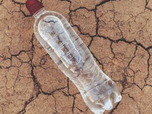 Consiglio di ricerca sul blog: bottiglia di plastica vuota su terreno secco e screpolato, simbolo di inquinamento ambientale e scarsità d'acqua.