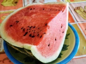 Downloaded a ripe and juicy slice of watermelon on a colorful tablecloth with various illustrations, perfect for refreshing summer fruit content.