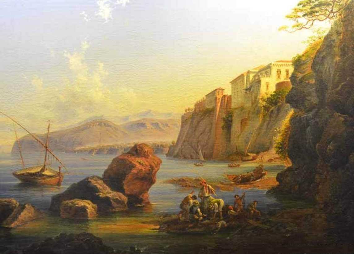 Dipinto di Sylvester Shchedrin.. Passeggiata in riva al mare con barche e scogli al tramonto, paesaggio marino suggestivo e di grande interesse storico e culturale, perfetto per appassionati di arte e natura.