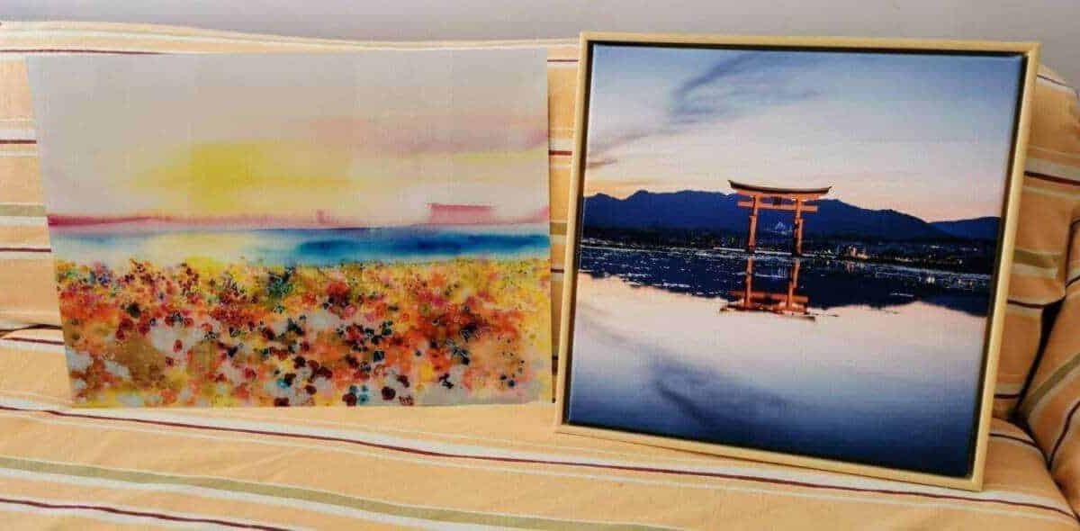 Vernice di paesaggi con mare al tramonto e torii giapponese riflesso sull'acqua, opere d'arte per decorazione interni, ispirazione orientale e paesaggi naturali.