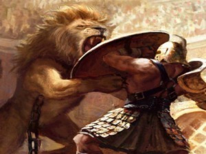 Fera leonina con armatura medievale e scudo, in stile fantasy; scena epica di battaglia tra un leone e un guerriero in un ambiente storico o immaginario.