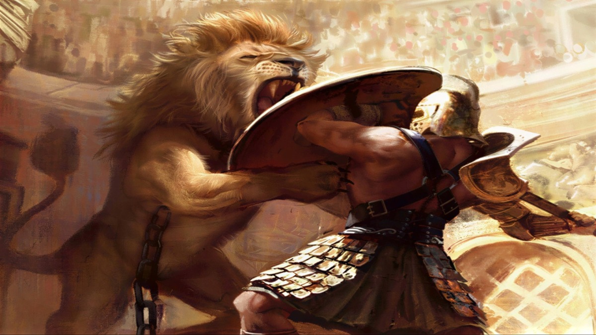 Fera leonina con armatura medievale e scudo, in stile fantasy; scena epica di battaglia tra un leone e un guerriero in un ambiente storico o immaginario.