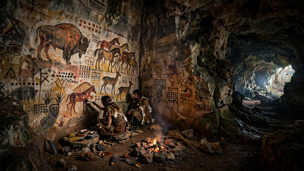 Pitture rupestri e simboli sulle pareti di una grotta preistorica