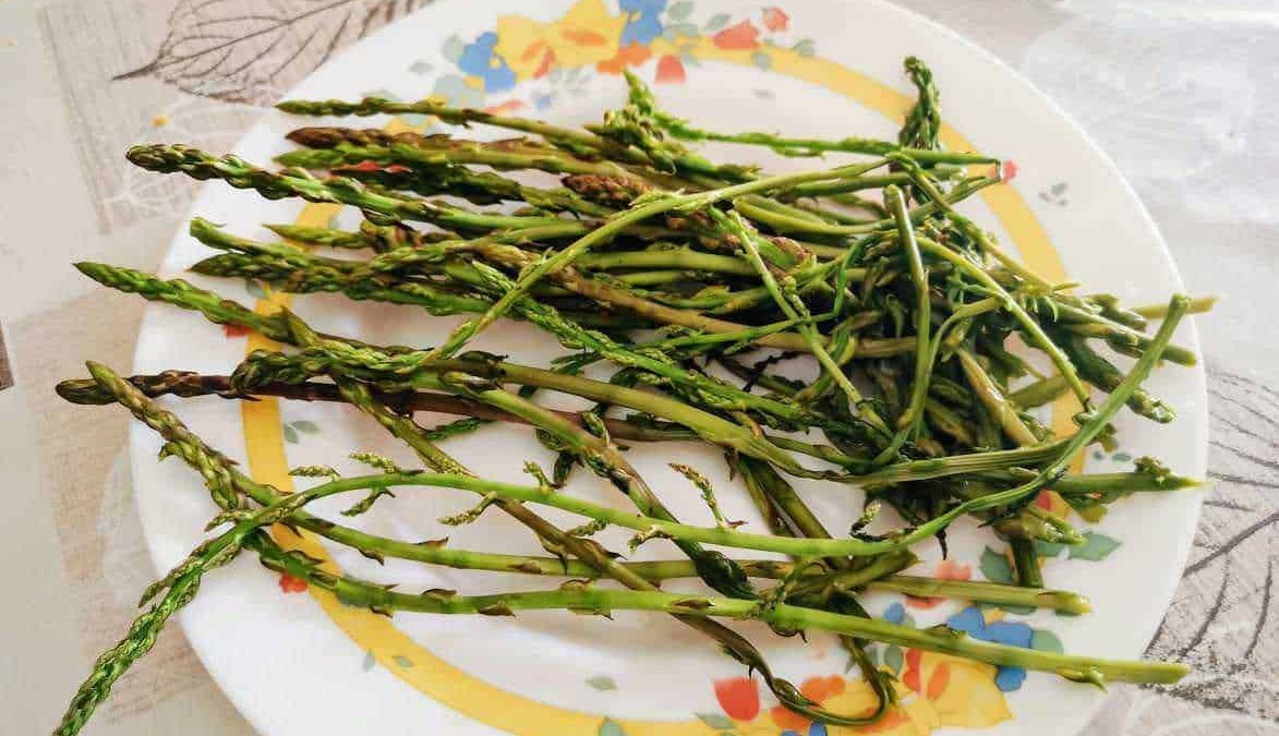 Asparagi freschi su piatto decorato con motivi floreali, simbolo di cucina sana e alimentazione naturale.