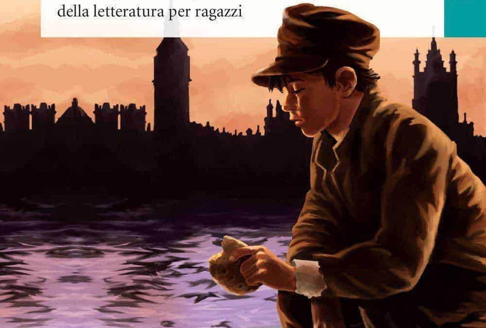 Ragazzo in abiti vintage che legge un libro vicino al fiume con skyline di Londra sullo sfondo, ispirato a Oliver Twist di Charles Dickens, con atmosfera romantica e storica.