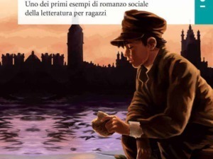 Ragazzo in abiti vintage che legge un libro vicino al fiume con skyline di Londra sullo sfondo, ispirato a Oliver Twist di Charles Dickens, con atmosfera romantica e storica.
