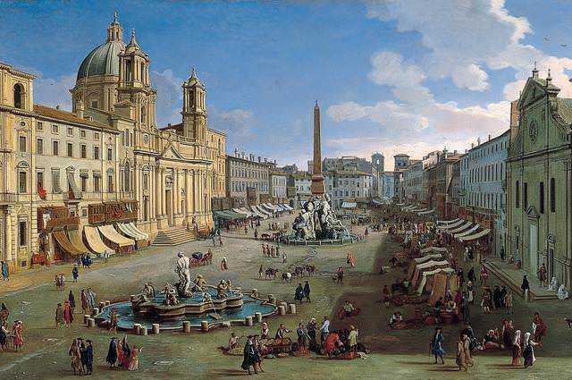 Fountain Piazza Navona Rome with Baroque architecture, lively street scene, tourists and locals, historic buildings, cafés, and vibrant atmosphere in sunny weather.